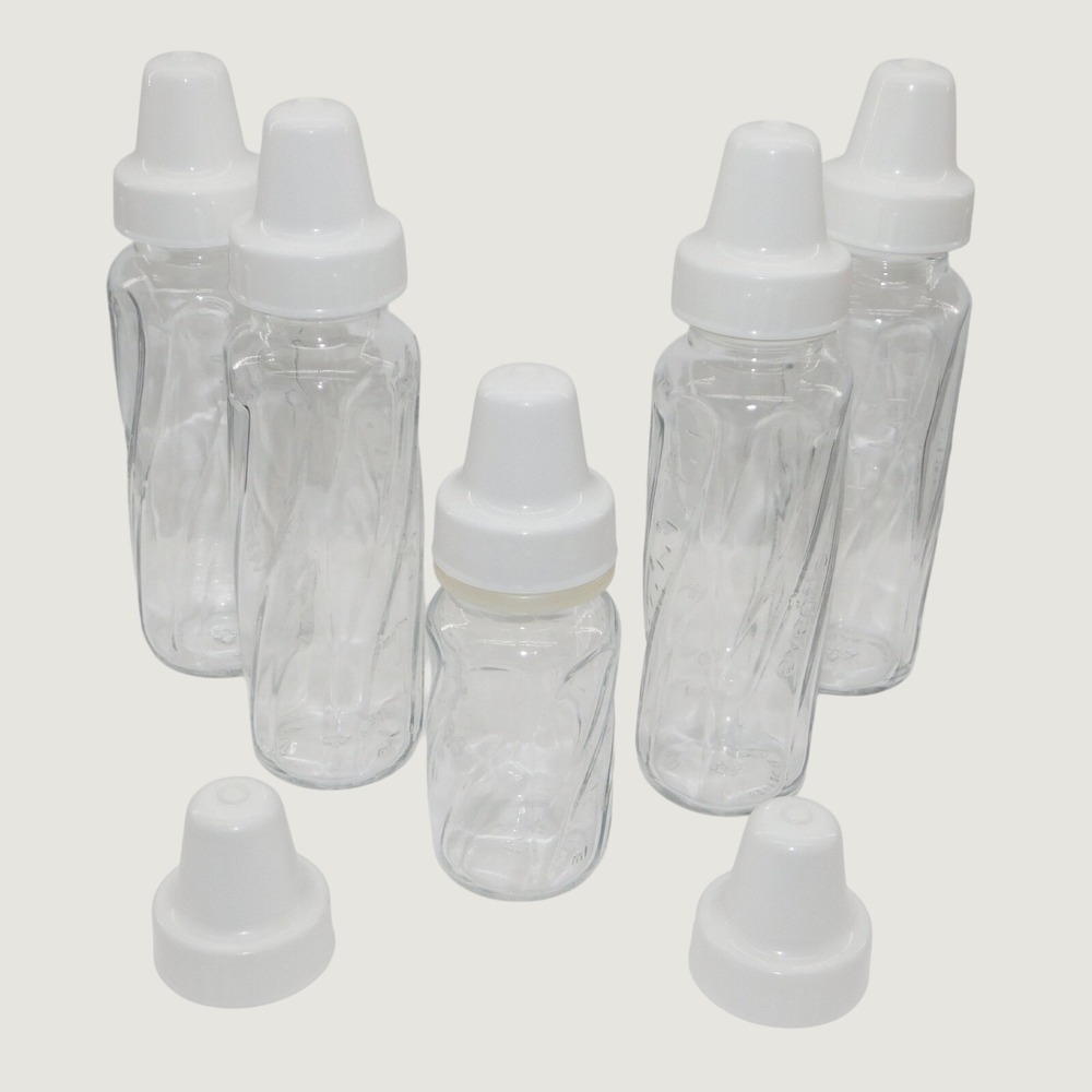 Lot of 5 Evenflo Glass Twist Baby Bottles W/White Caps *NO NIPPLES   4-8oz 1-4oz